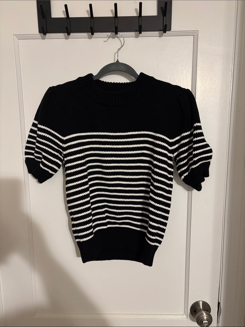 English Factory Black & White Striped Short Sleeve Crewneck Sweater
